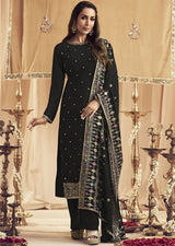 Black Georgette Embroidery Salwar Suit Set for Women's