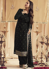 Black Georgette Embroidery Salwar Suit Set for Women's