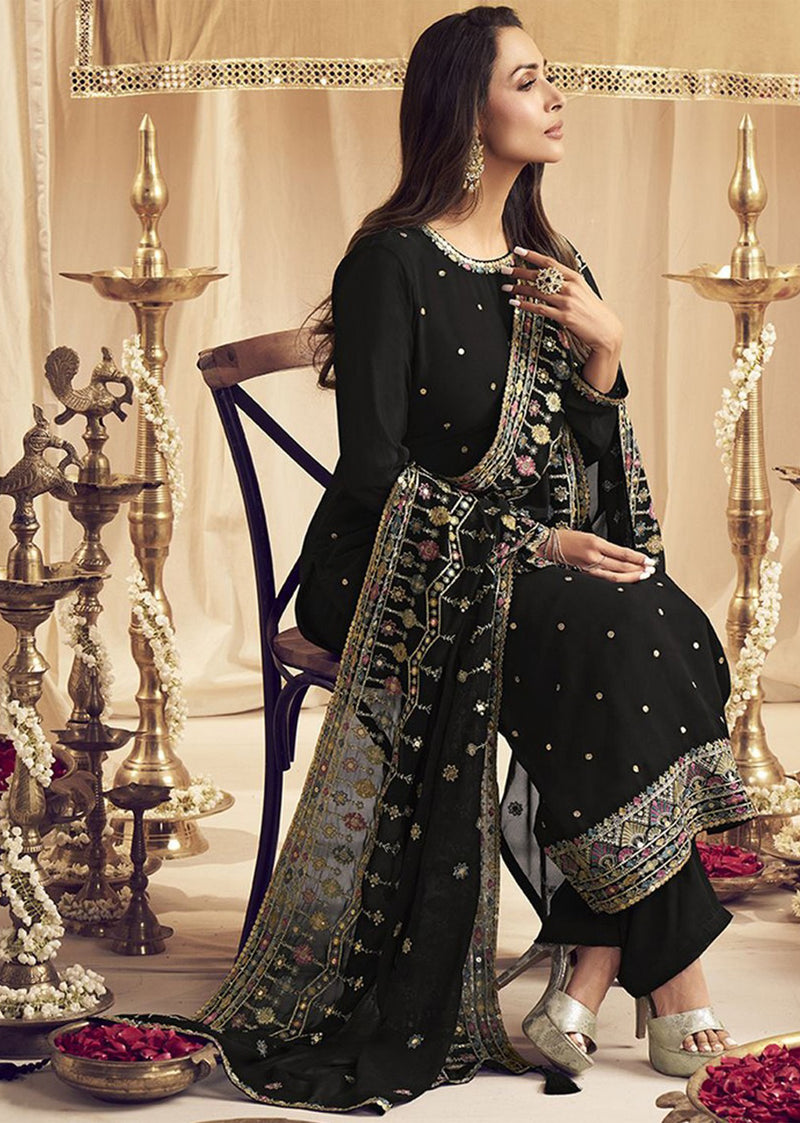 Black Georgette Embroidery Salwar Suit Set for Women's