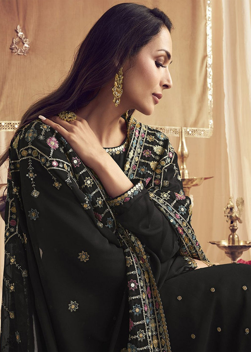 Black Georgette Embroidery Salwar Suit Set for Women's