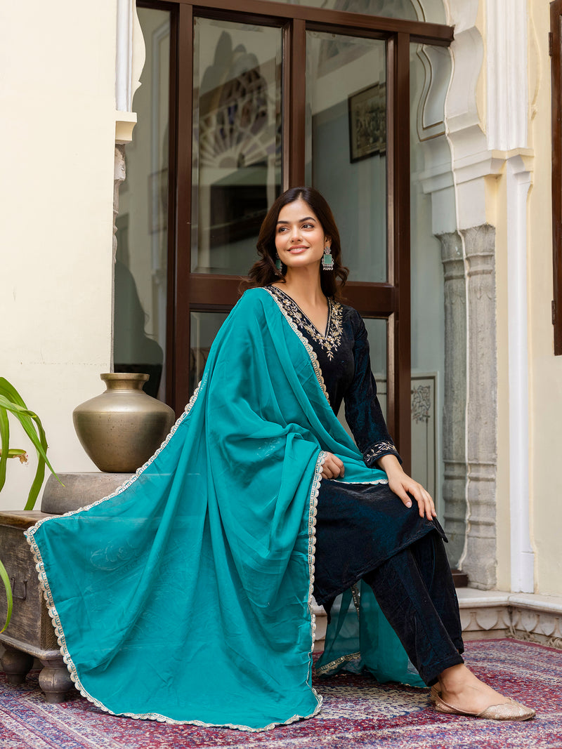 Blue Velvet Embroidery Salwar Suit Set with Dupatta for Women