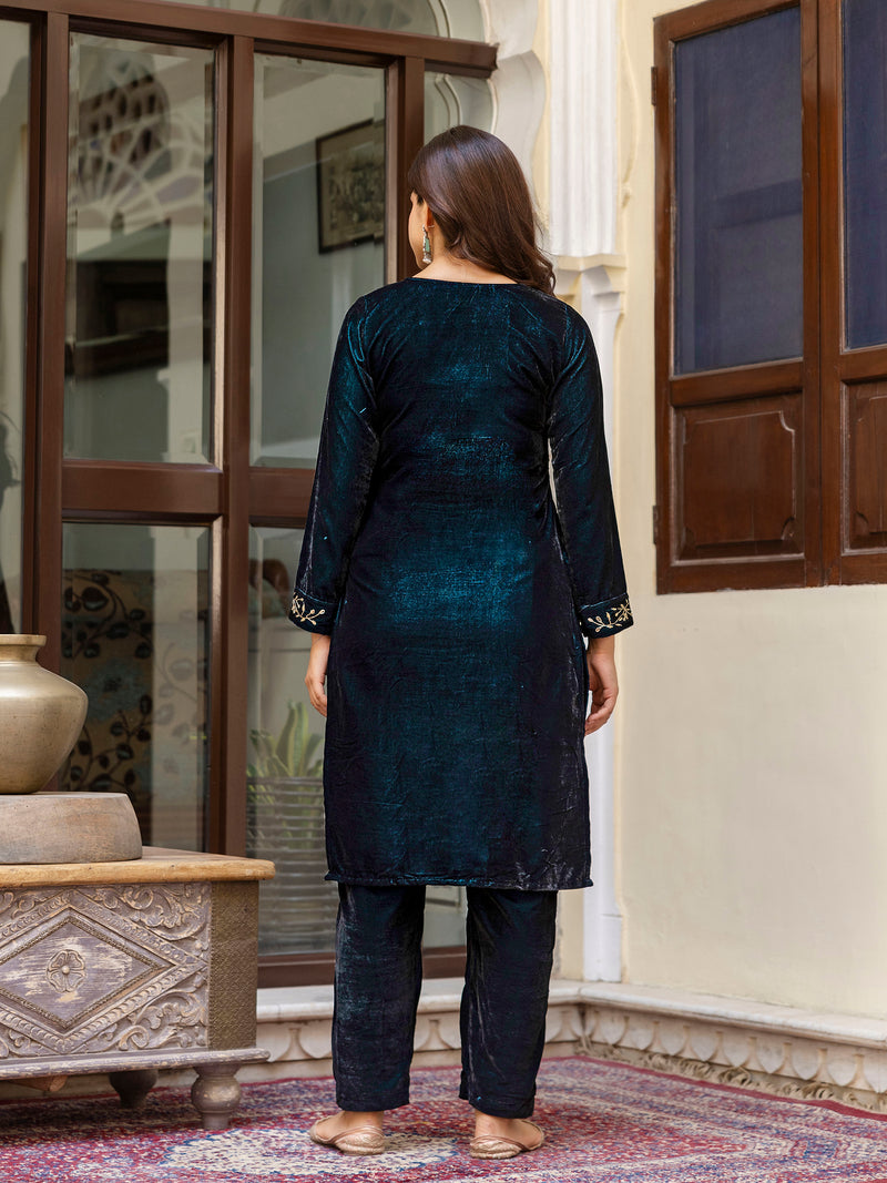 Blue Velvet Embroidery Salwar Suit Set with Dupatta for Women