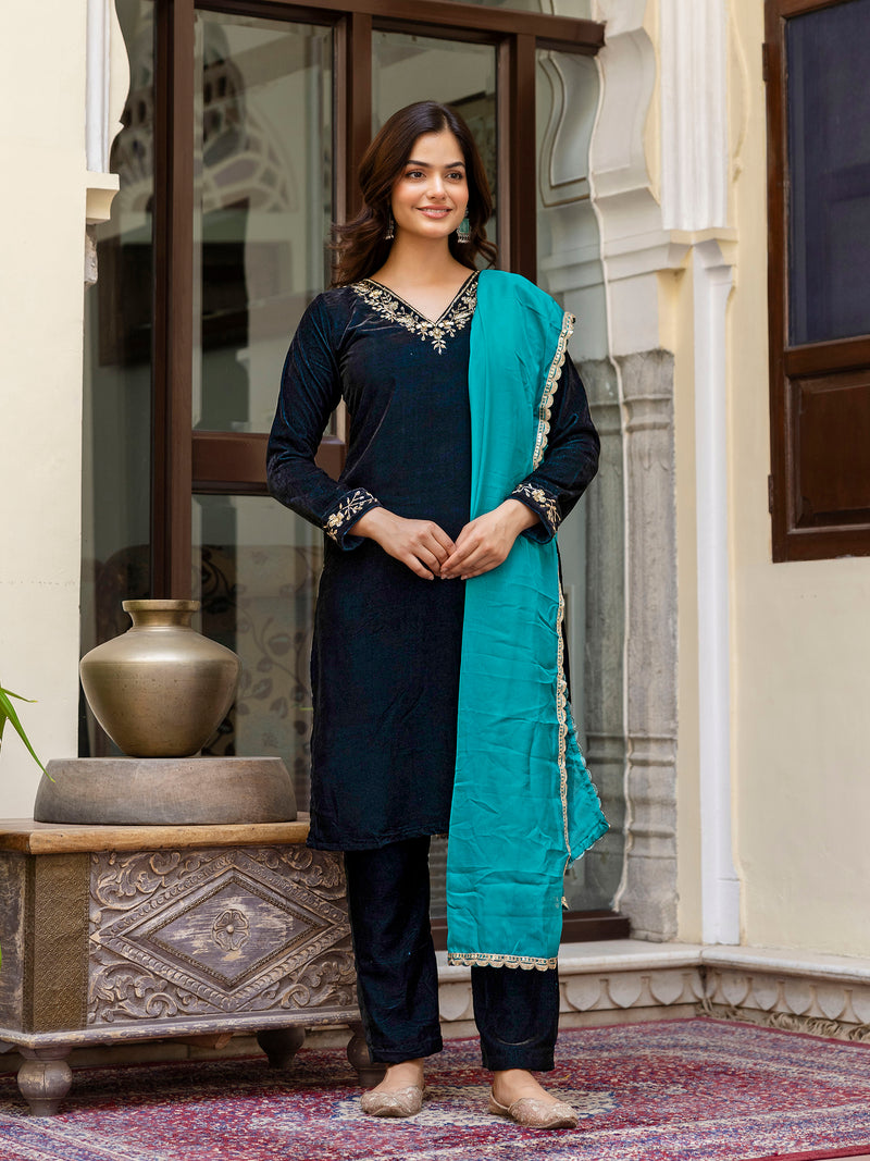 Blue Velvet Embroidery Salwar Suit Set with Dupatta for Women