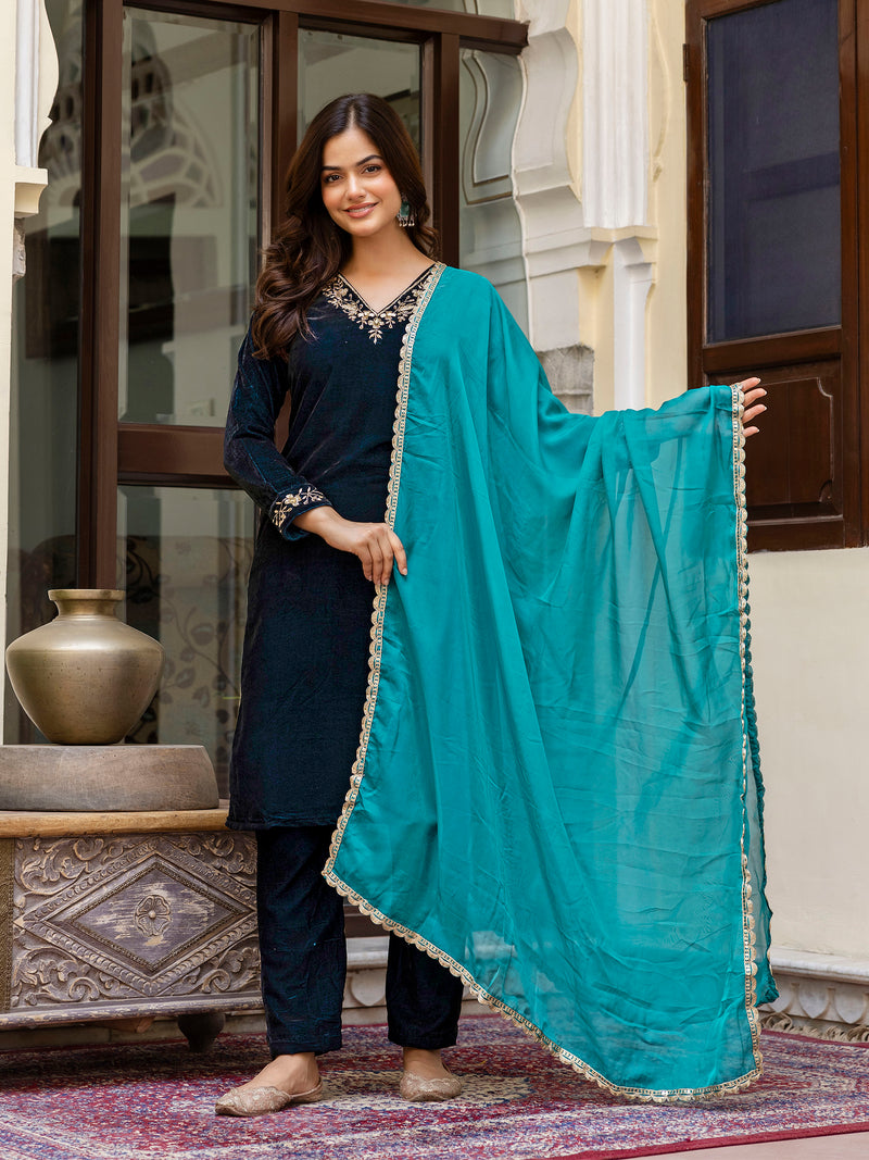 Blue Velvet Embroidery Salwar Suit Set with Dupatta for Women