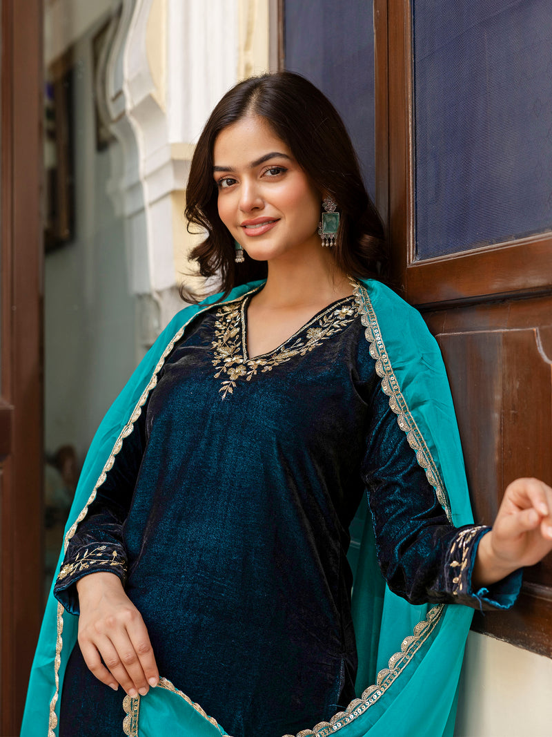 Blue Velvet Embroidery Salwar Suit Set with Dupatta for Women