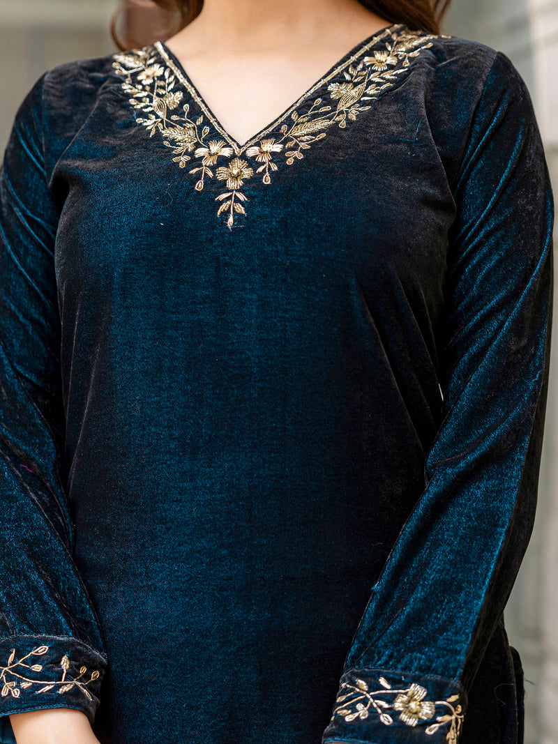 Blue Velvet Embroidery Salwar Suit Set with Dupatta for Women