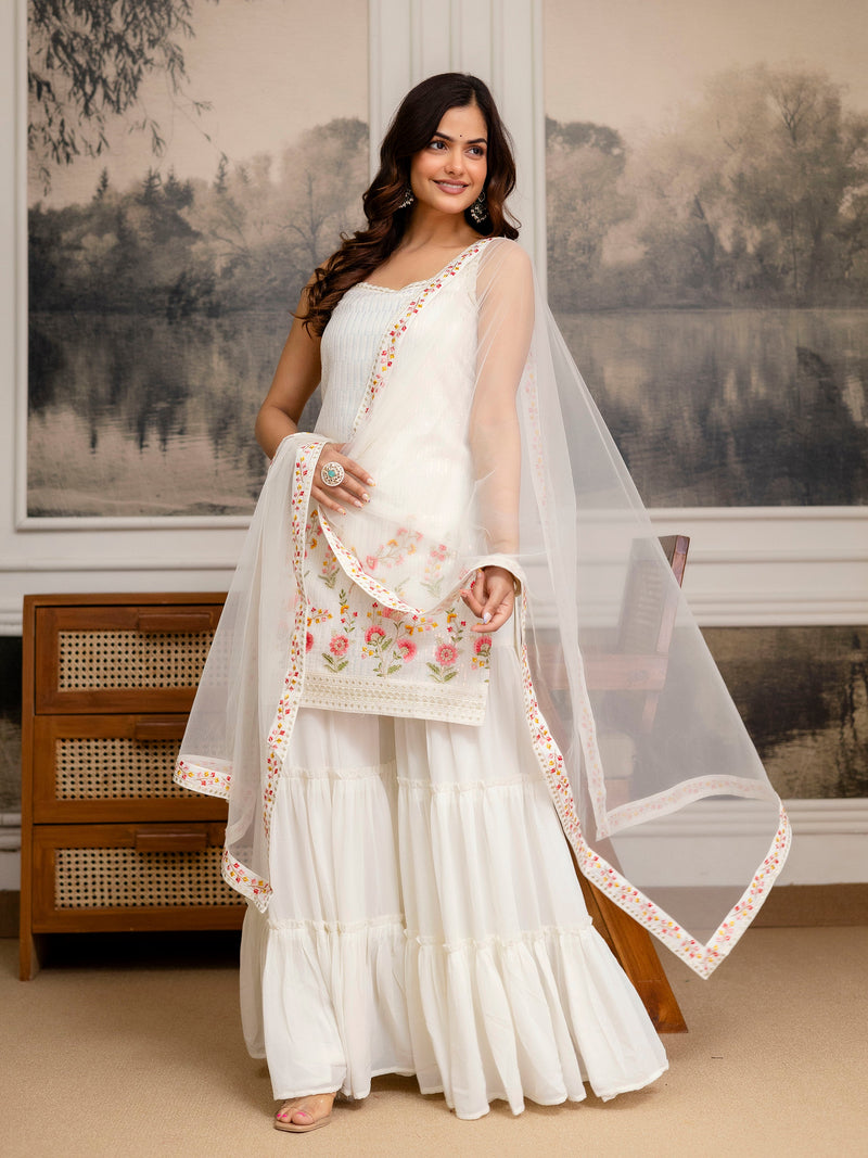 Georgette Embroidery Sequence Work Kurta Sharara Set with Dupatta Salwar Suit Set For Women Trendmalls