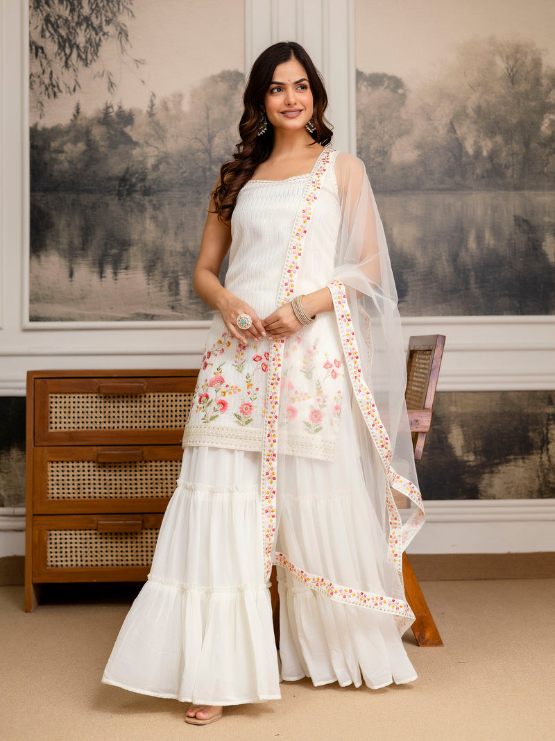 Georgette Embroidery Sequence Work Kurta Sharara Set with Dupatta Salwar Suit Set For Women Trendmalls