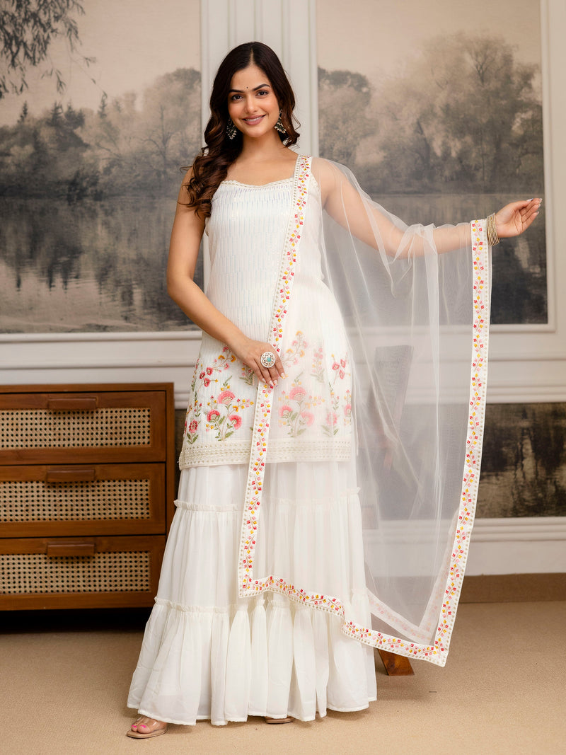 Georgette Embroidery Sequence Work Kurta Sharara Set with Dupatta Salwar Suit Set For Women Trendmalls