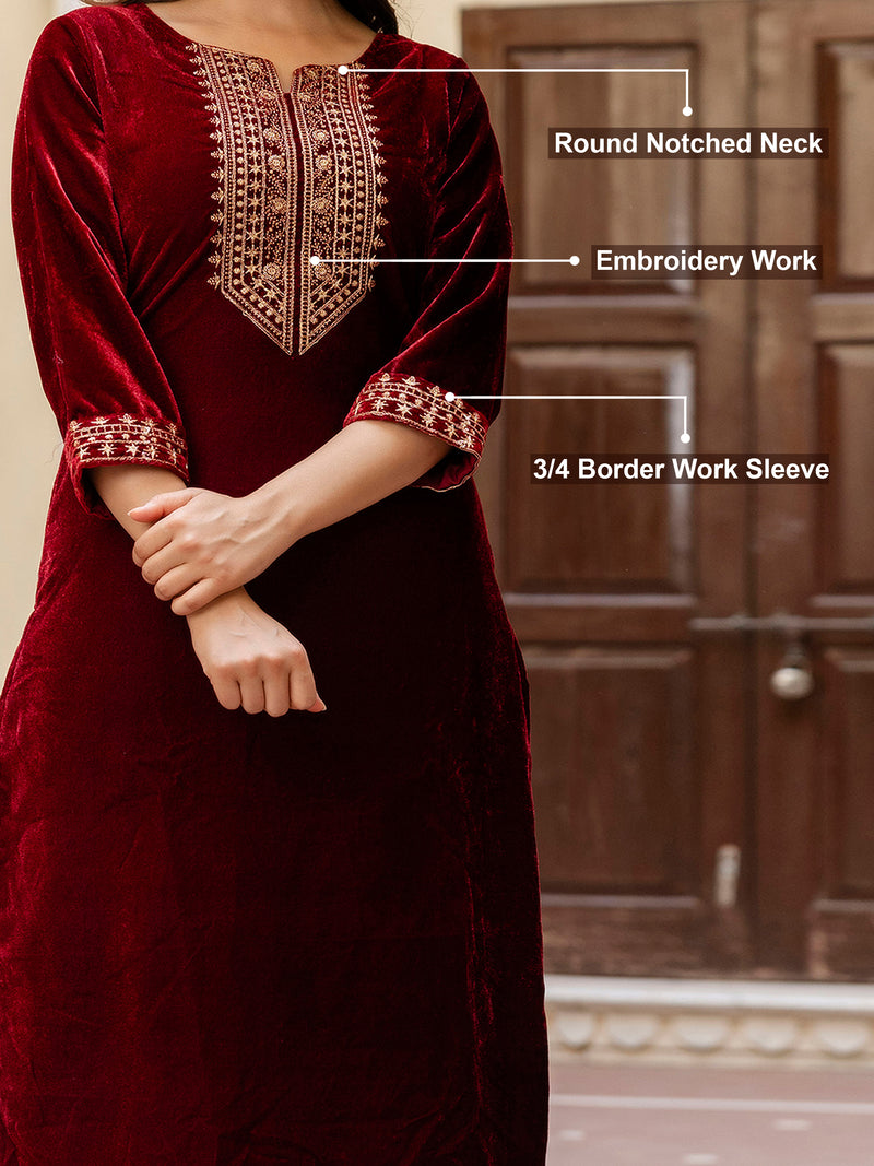 Maroon Velvet Embroidery Salwar Suit Set with Dupatta for Women