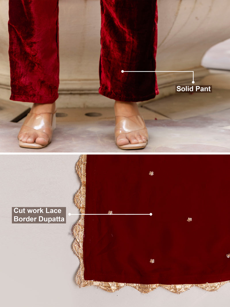 Maroon Velvet Embroidery Salwar Suit Set with Dupatta for Women