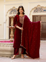 Maroon Velvet Embroidery Salwar Suit Set with Dupatta for Women