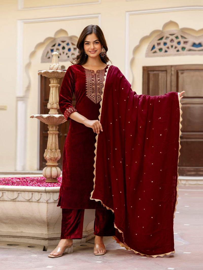 Maroon Velvet Embroidery Salwar Suit Set with Dupatta for Women