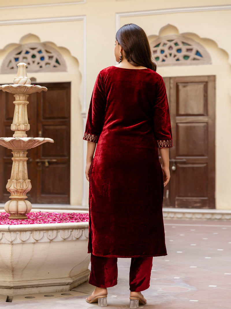 Maroon Velvet Embroidery Salwar Suit Set with Dupatta for Women
