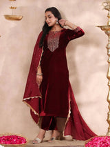 Women's Velvet Embroidery Salwar Suit Set Kurta Pant with Dupatta Maroon Kurta Set for Women