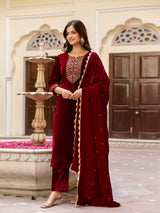 Maroon Velvet Embroidery Salwar Suit Set with Dupatta for Women