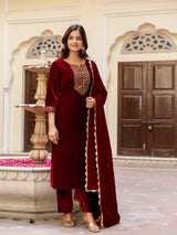 Maroon Velvet Embroidery Salwar Suit Set with Dupatta for Women