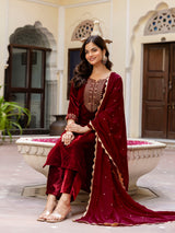 Maroon Velvet Embroidery Salwar Suit Set with Dupatta for Women