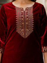 Maroon Velvet Embroidery Salwar Suit Set with Dupatta for Women