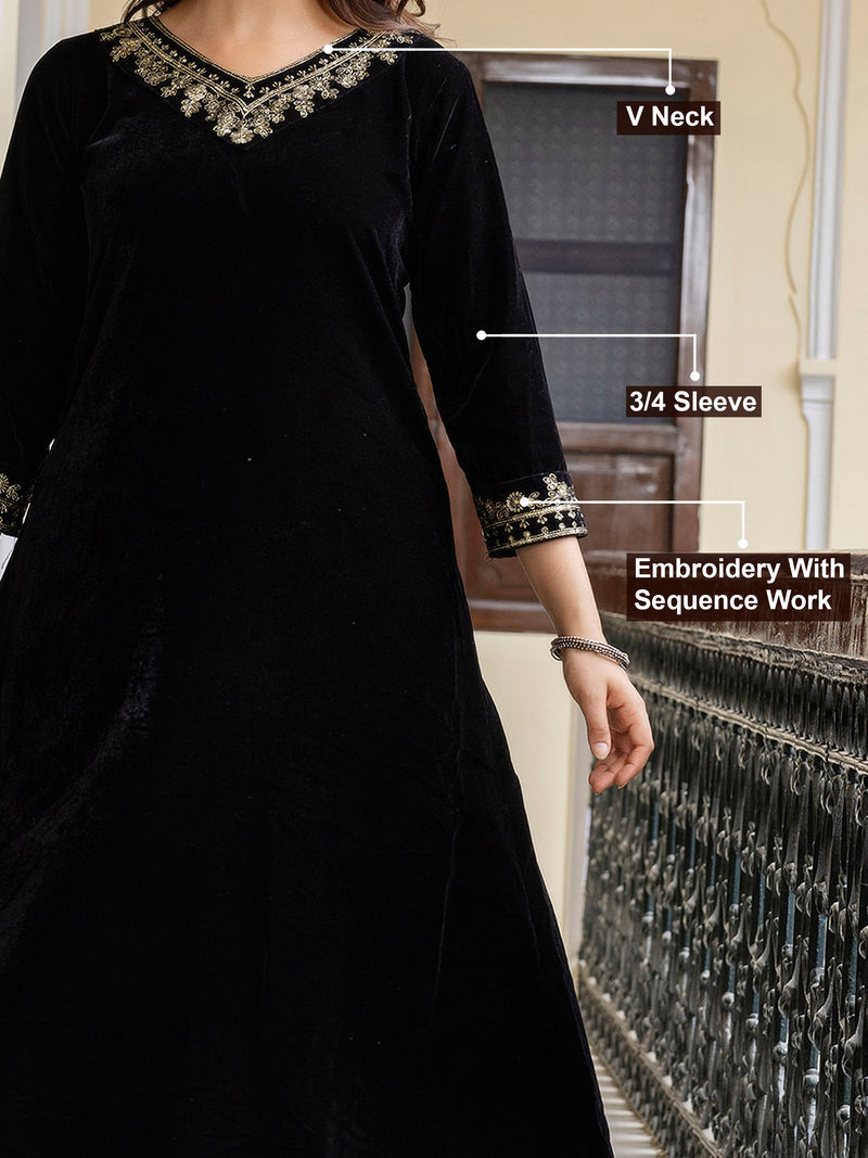 Black Velvet Embroidery Set A line Salwar Suit with Dupatta for Women's