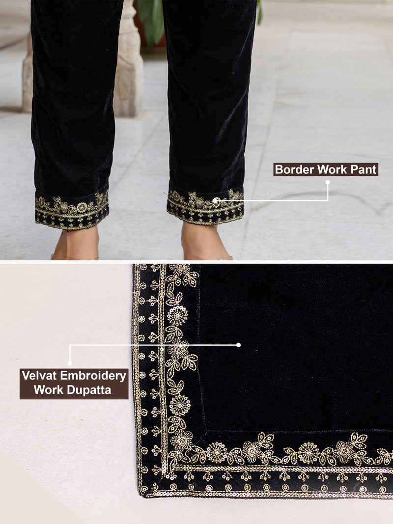 Black Velvet Embroidery Set A line Salwar Suit with Dupatta for Women's