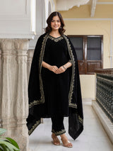 Black Velvet Embroidery Set A line Salwar Suit with Dupatta for Women's