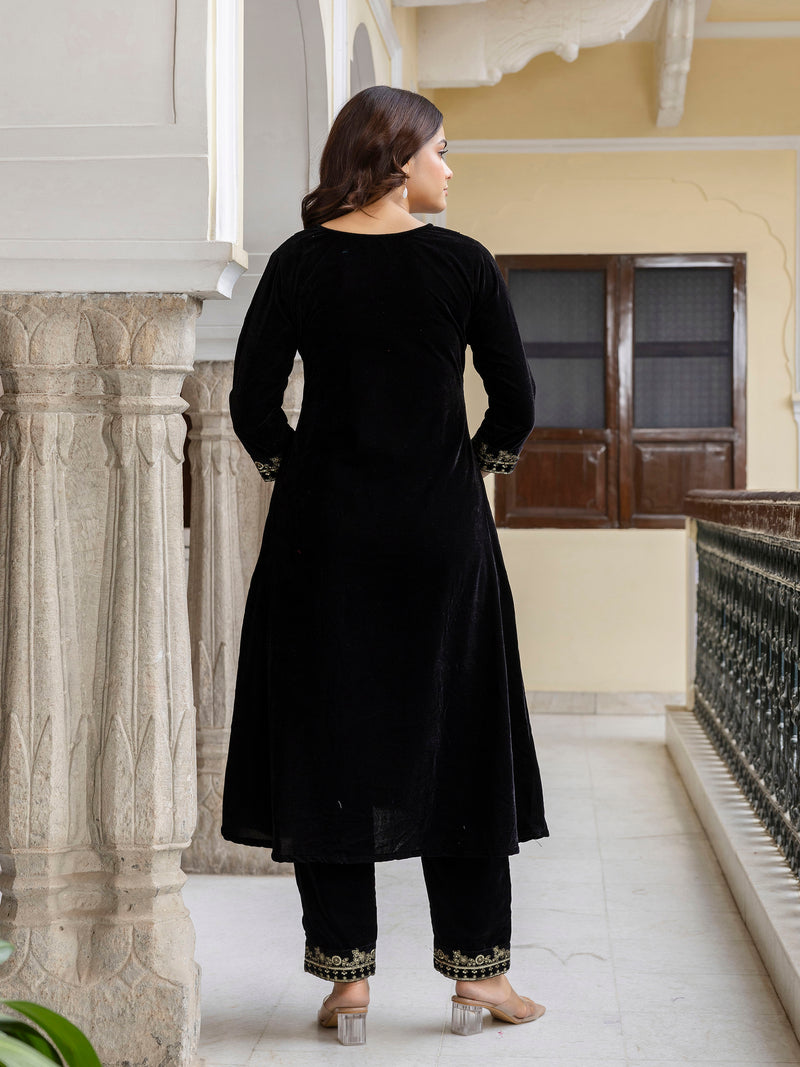 Black Velvet Embroidery Set A line Salwar Suit with Dupatta for Women's