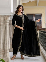Black Velvet Embroidery Set A line Salwar Suit with Dupatta for Women's