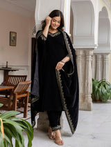 Black Velvet Embroidery Set A line Salwar Suit with Dupatta for Women's