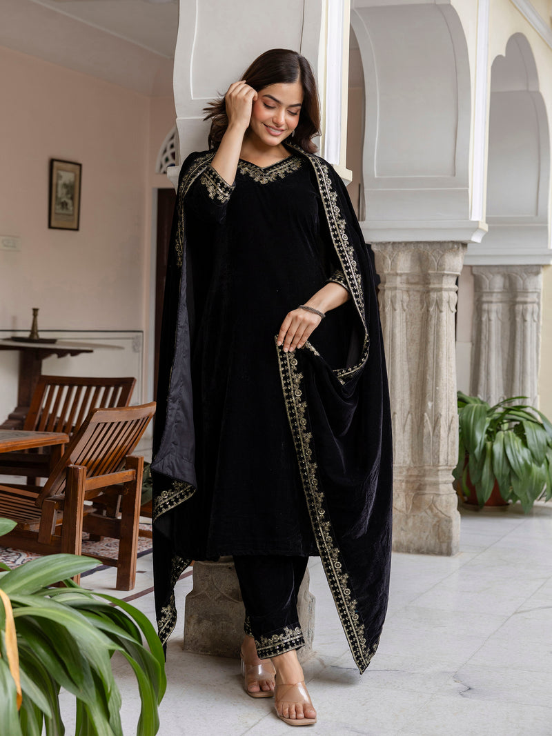 Black Velvet Embroidery Set A line Salwar Suit with Dupatta for Women's