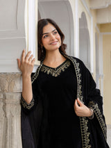 Black Velvet Embroidery Set A line Salwar Suit with Dupatta for Women's