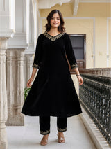 Black Velvet Embroidery Set A line Salwar Suit with Dupatta for Women's