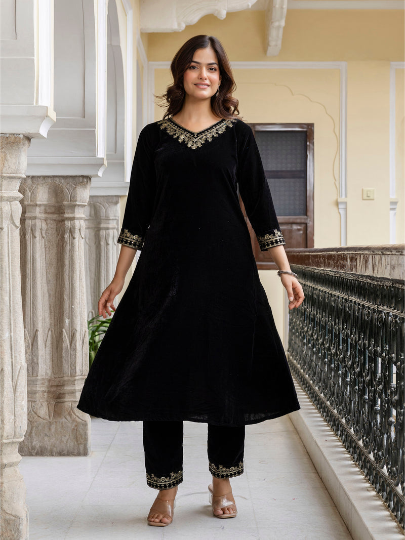 Black Velvet Embroidery Set A line Salwar Suit with Dupatta for Women's