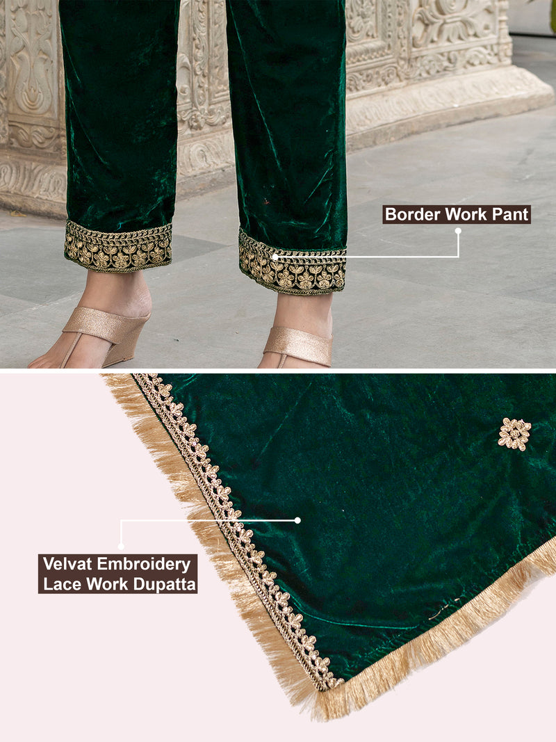 Green Velvet Embroidery Salwar Suit Set with Dupatta for Women's