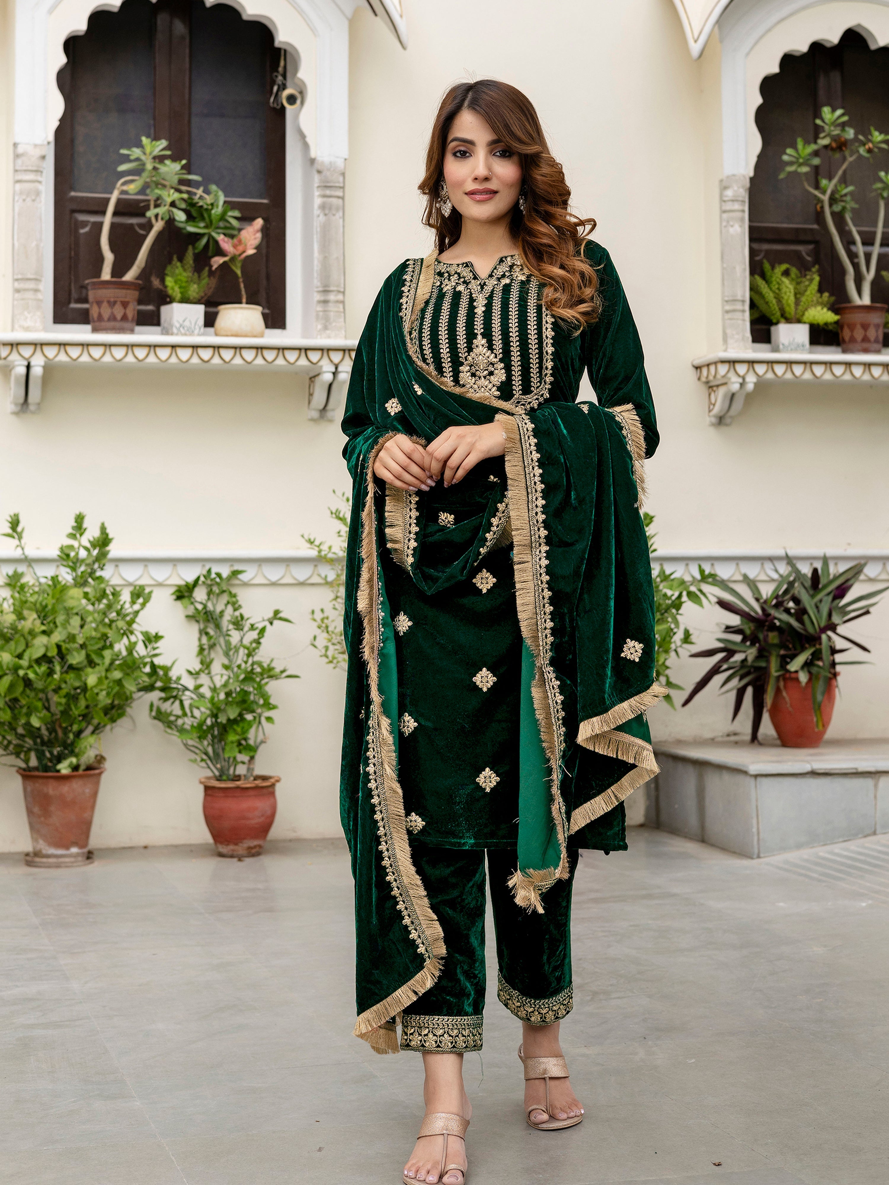 Green Velvet Embroidery Salwar Suit Set with Dupatta for Women's Trendmallsin