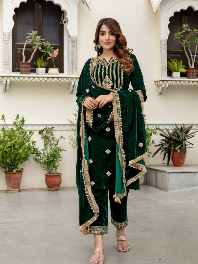 Green Velvet Embroidery Salwar Suit Set with Dupatta for Women's Trendmallsin