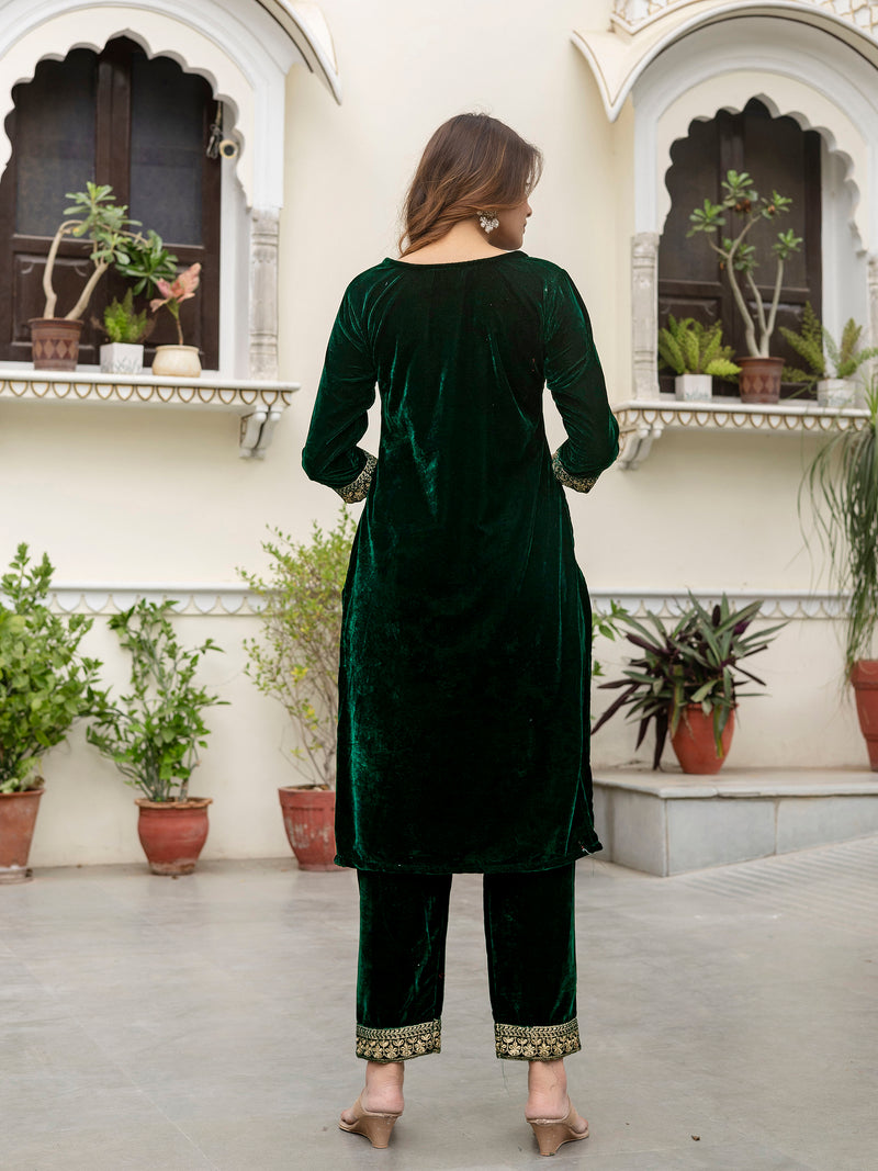 Green Velvet Embroidery Salwar Suit Set with Dupatta for Women's