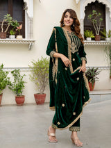 Green Velvet Embroidery Salwar Suit Set with Dupatta for Women's