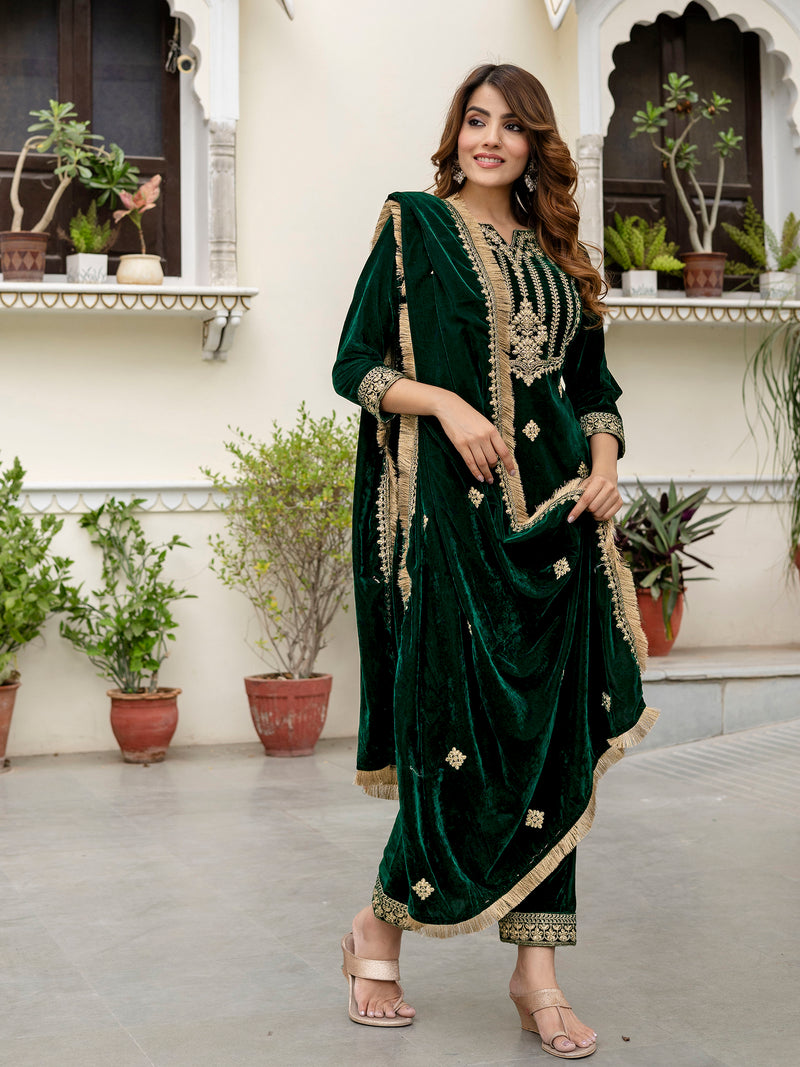 Green Velvet Embroidery Salwar Suit Set with Dupatta for Women's