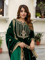Green Velvet Embroidery Salwar Suit Set with Dupatta for Women's