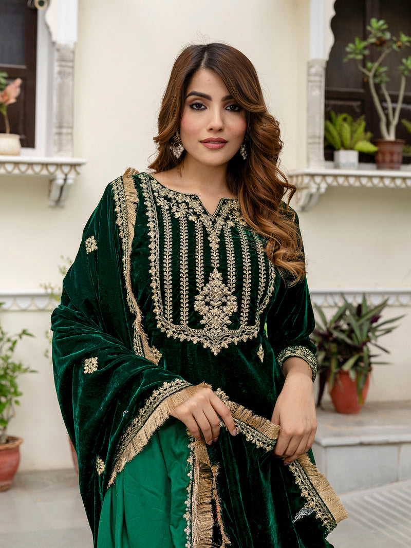 Green Velvet Embroidery Salwar Suit Set with Dupatta for Women's