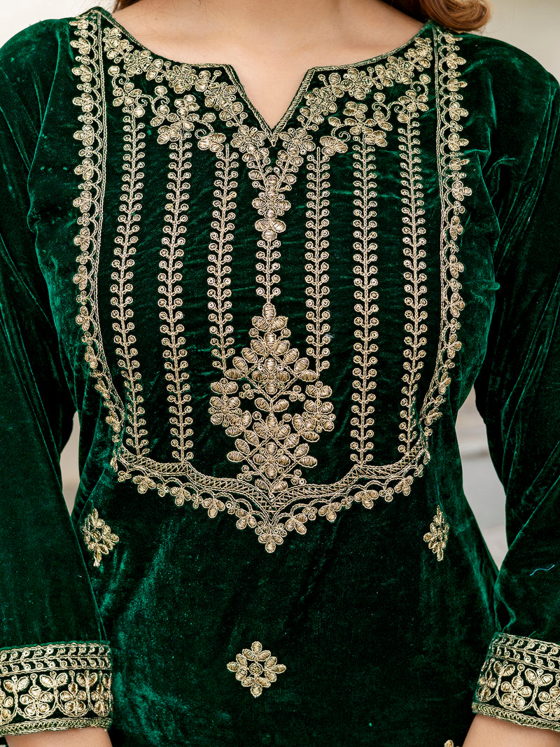 Green Velvet Embroidery Salwar Suit Set with Dupatta for Women's