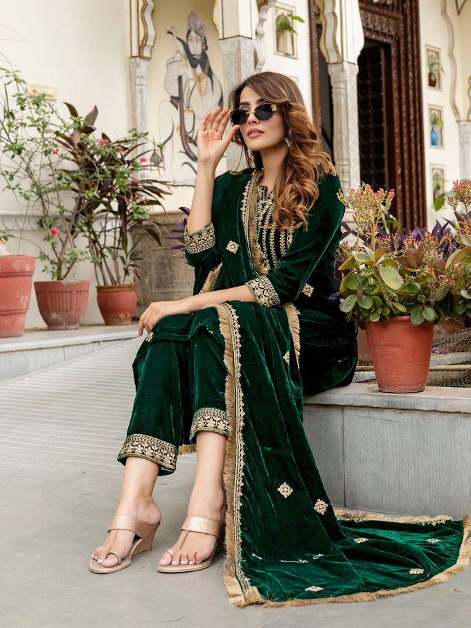 Green Velvet Embroidery Salwar Suit Set with Dupatta for Women's Trendmallsin