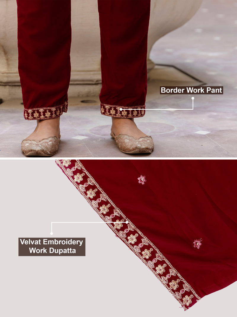 Maroon Velvet Embroidery Salwar Suit Set with Dupatta Green Kurta Set for Women's