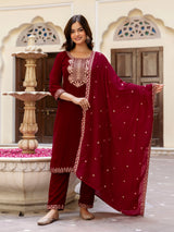 Maroon Velvet Embroidery Salwar Suit Set with Dupatta Green Kurta Set for Women's