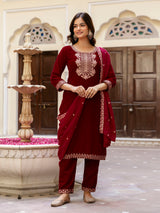 Maroon Velvet Embroidery Salwar Suit Set with Dupatta Green Kurta Set for Women's