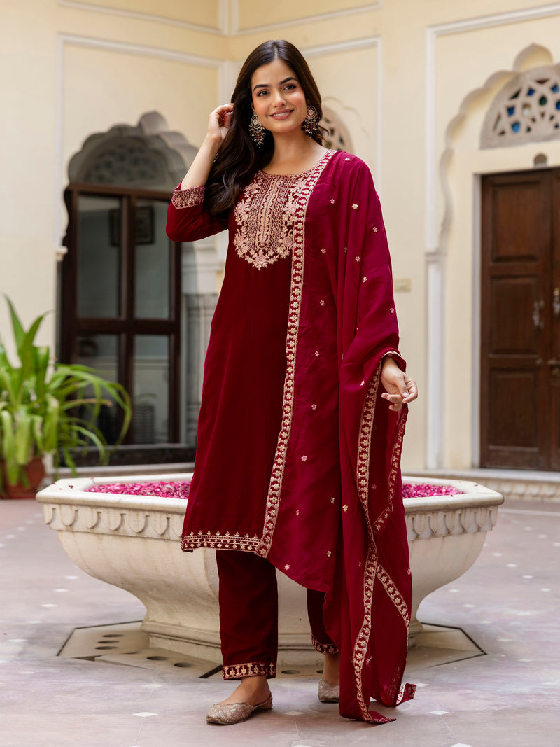 Maroon Velvet Embroidery Salwar Suit Set with Dupatta Green Kurta Set for Women's