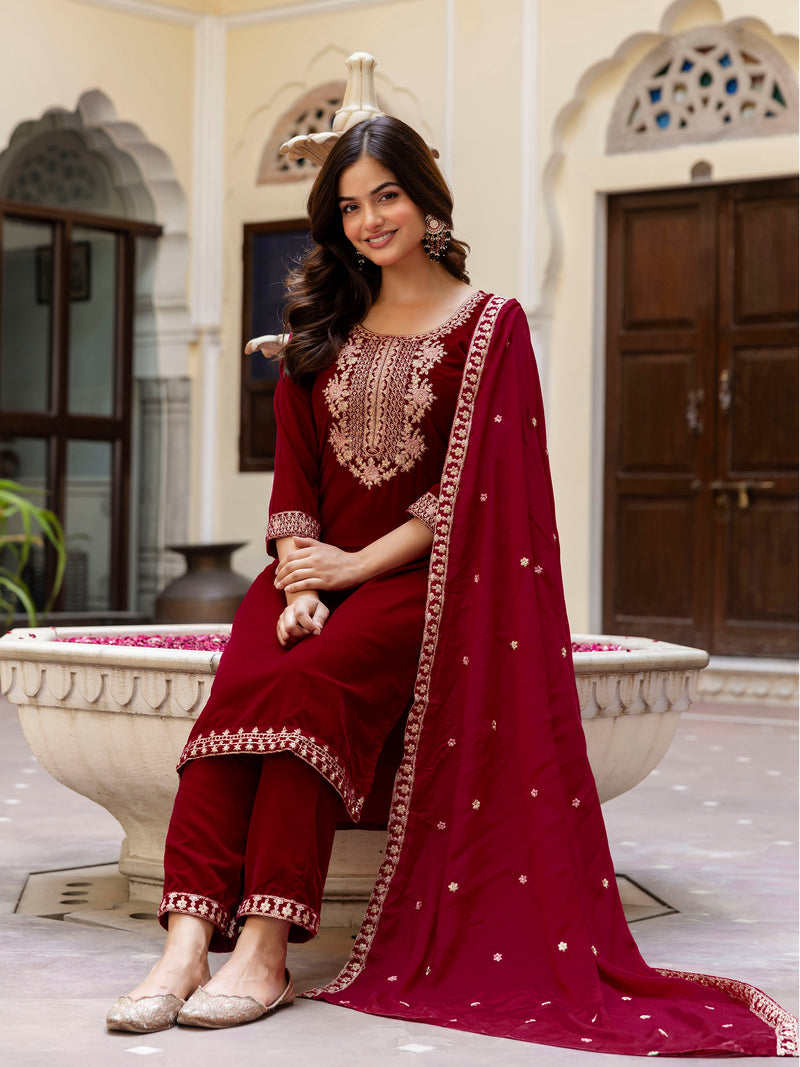 Maroon Velvet Embroidery Salwar Suit Set with Dupatta Green Kurta Set for Women's