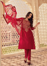 Red Chanderi Embroidery Salwar Suit with Dupatta Set For Women's
