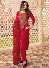 Red Chanderi Embroidery Salwar Suit with Dupatta Set For Women's